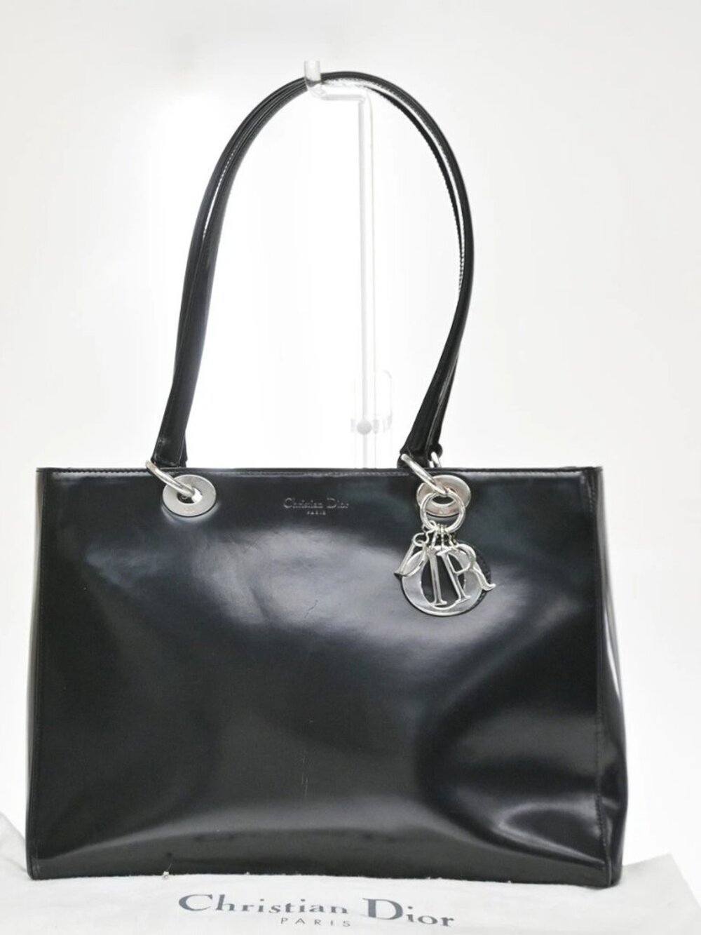 CHRISTIAN DIOR Logo Lady Hand Bag Patent Leather Black GHW Italy 89KD721